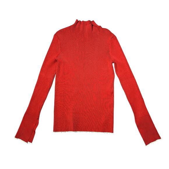 Zara Knit Red Long Sleeve Ribbed Sweater with Cream Trim - Picture 1 of 9